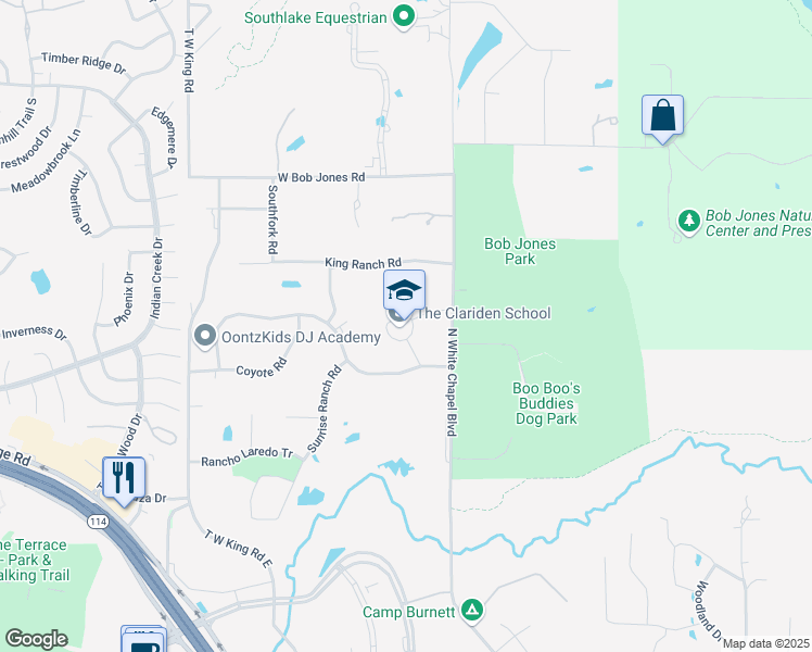 map of restaurants, bars, coffee shops, grocery stores, and more near 100 Clariden Ranch Road in Southlake