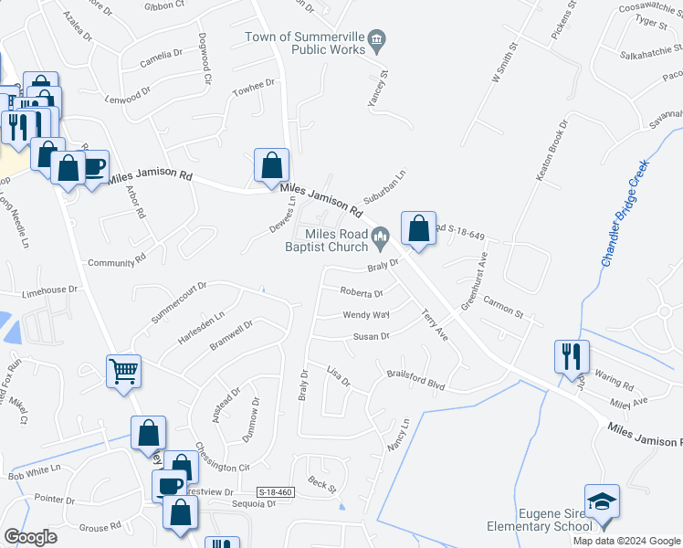 map of restaurants, bars, coffee shops, grocery stores, and more near 121 Braly Drive in Summerville