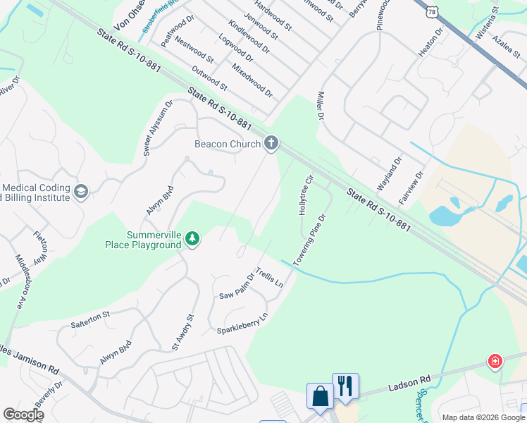 map of restaurants, bars, coffee shops, grocery stores, and more near 143 Barn Hill Road in Ladson