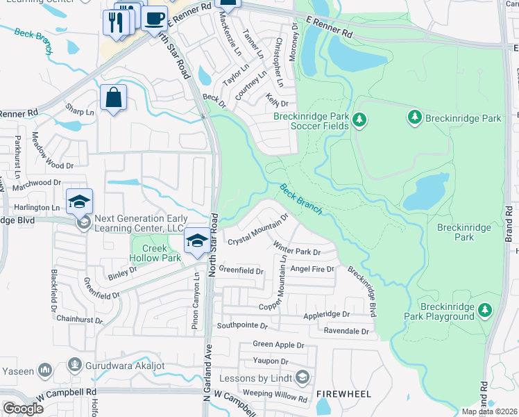 map of restaurants, bars, coffee shops, grocery stores, and more near 4600 Breckinridge Boulevard in Richardson