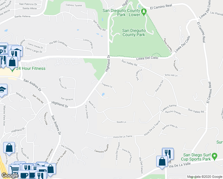 map of restaurants, bars, coffee shops, grocery stores, and more near 1649 Lugano Lane in Del Mar