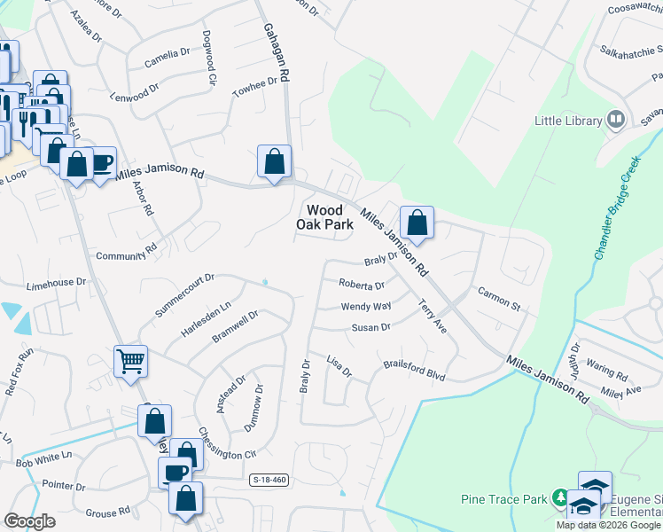map of restaurants, bars, coffee shops, grocery stores, and more near 130 Braly Drive in Summerville