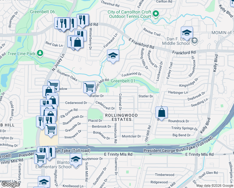 map of restaurants, bars, coffee shops, grocery stores, and more near 2125 Statler Place in Carrollton