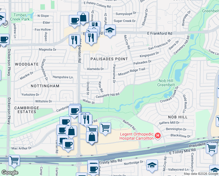 map of restaurants, bars, coffee shops, grocery stores, and more near 2854 Lotus Street in Carrollton