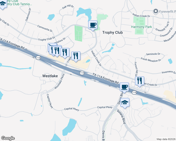 map of restaurants, bars, coffee shops, grocery stores, and more near 125 Claire Drive in Trophy Club