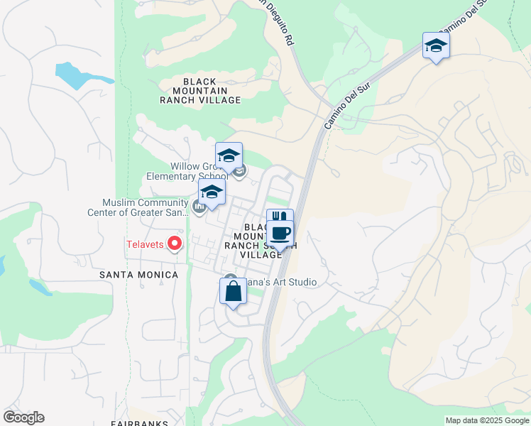 map of restaurants, bars, coffee shops, grocery stores, and more near 7658 Via Vivaldi in San Diego