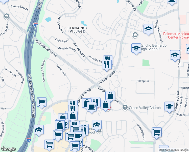 map of restaurants, bars, coffee shops, grocery stores, and more near 12079 Alta Carmel Court in San Diego