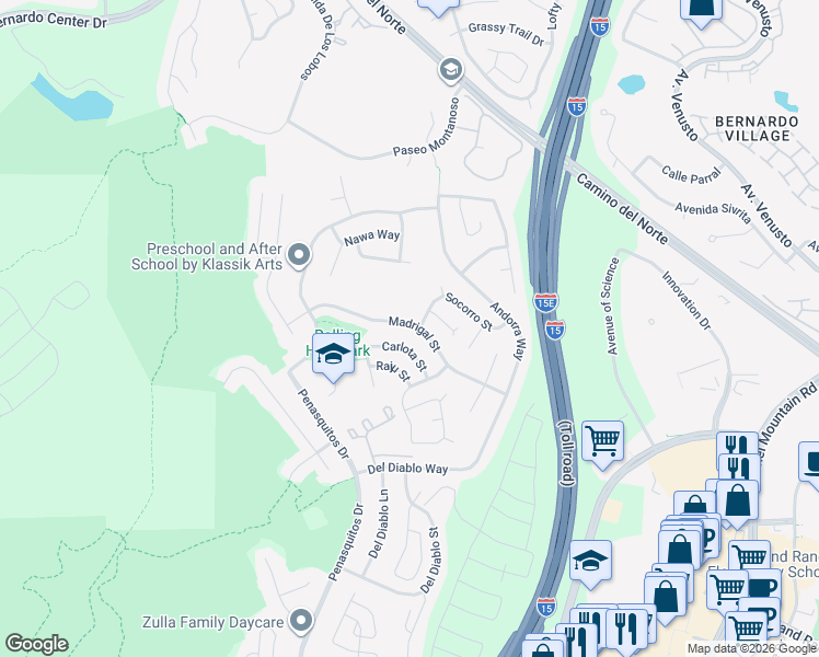map of restaurants, bars, coffee shops, grocery stores, and more near 11110 Socorro Street in San Diego
