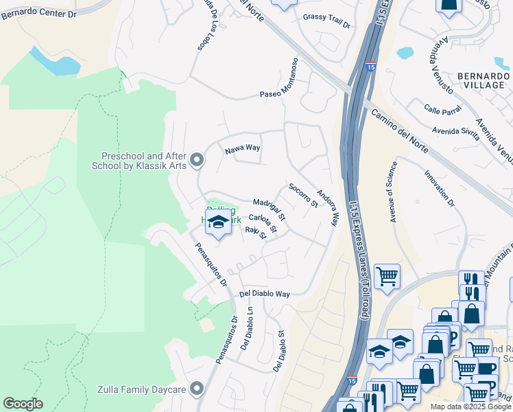 map of restaurants, bars, coffee shops, grocery stores, and more near 11082 Madrigal Street in San Diego
