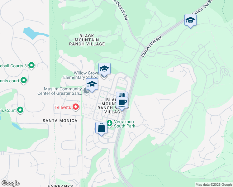 map of restaurants, bars, coffee shops, grocery stores, and more near 7664 Sonata Lane in San Diego