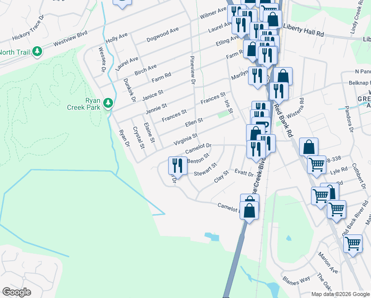 map of restaurants, bars, coffee shops, grocery stores, and more near 205 Virginia Street in Goose Creek