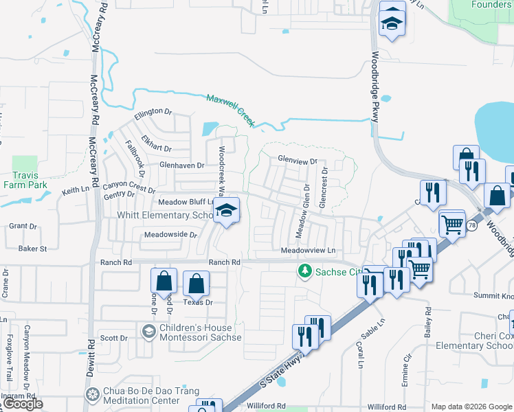 map of restaurants, bars, coffee shops, grocery stores, and more near 7628 Ridgedale Court in Sachse
