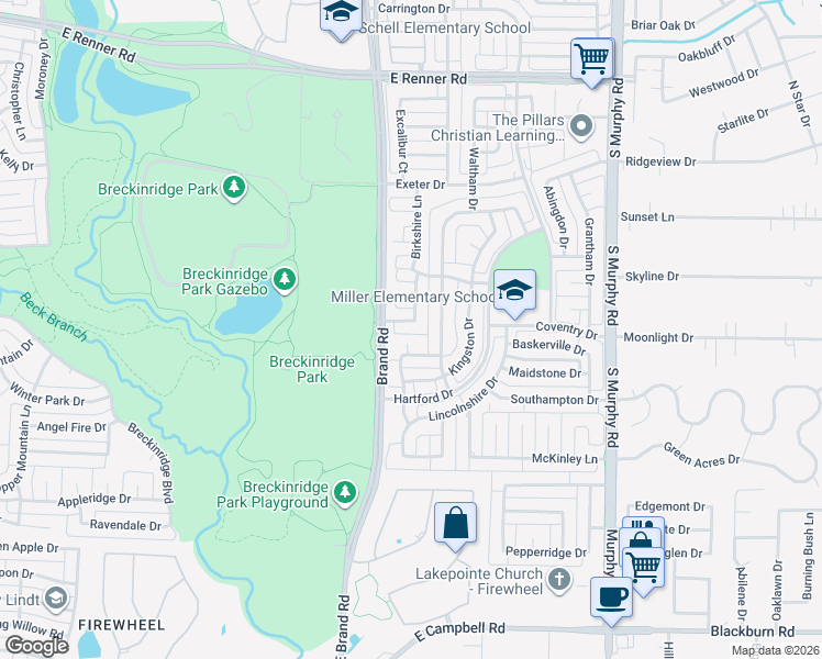 map of restaurants, bars, coffee shops, grocery stores, and more near 5407 Larchmont Drive in Richardson