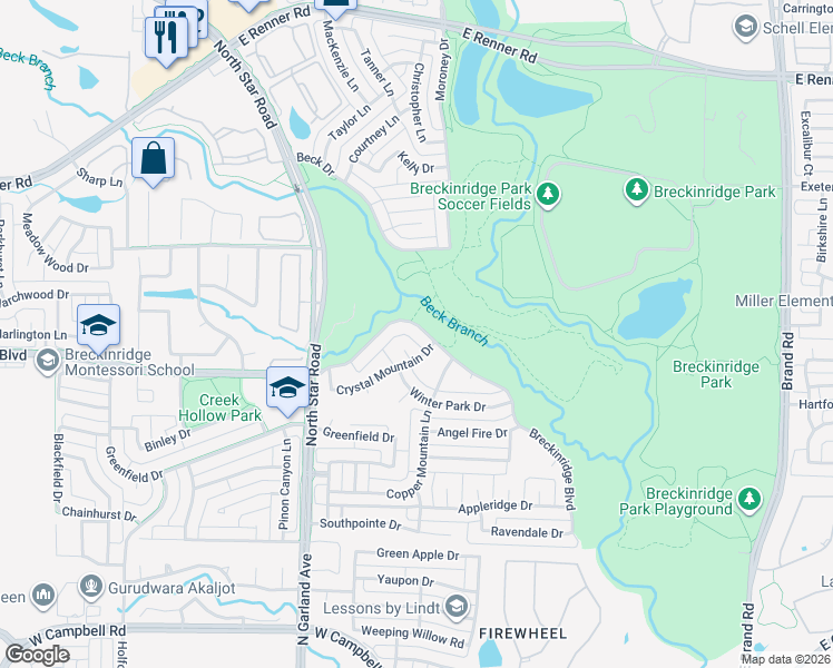 map of restaurants, bars, coffee shops, grocery stores, and more near 4612 Breckinridge Boulevard in Richardson