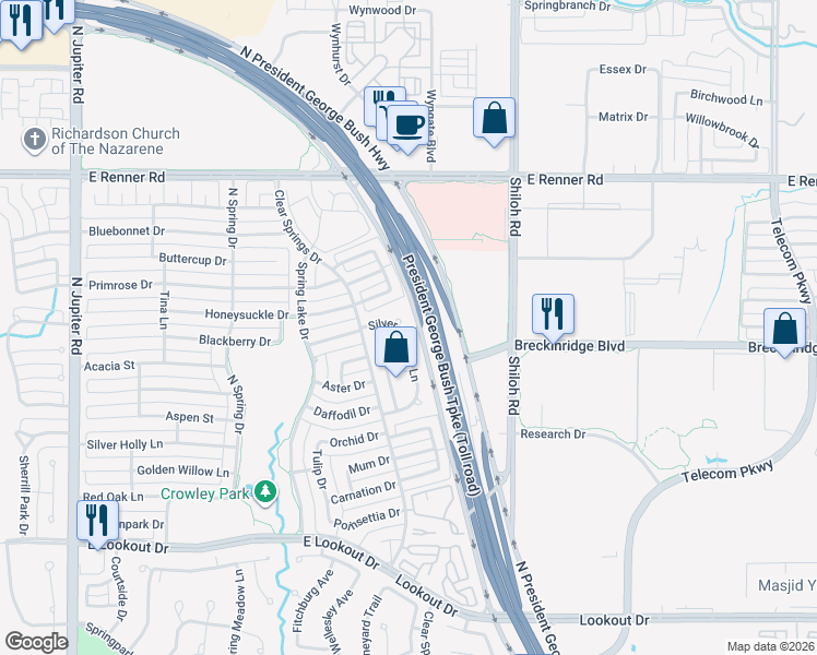 map of restaurants, bars, coffee shops, grocery stores, and more near 3042 Silver Springs Lane in Richardson
