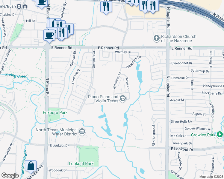 map of restaurants, bars, coffee shops, grocery stores, and more near 2907 Wyndham Lane in Richardson
