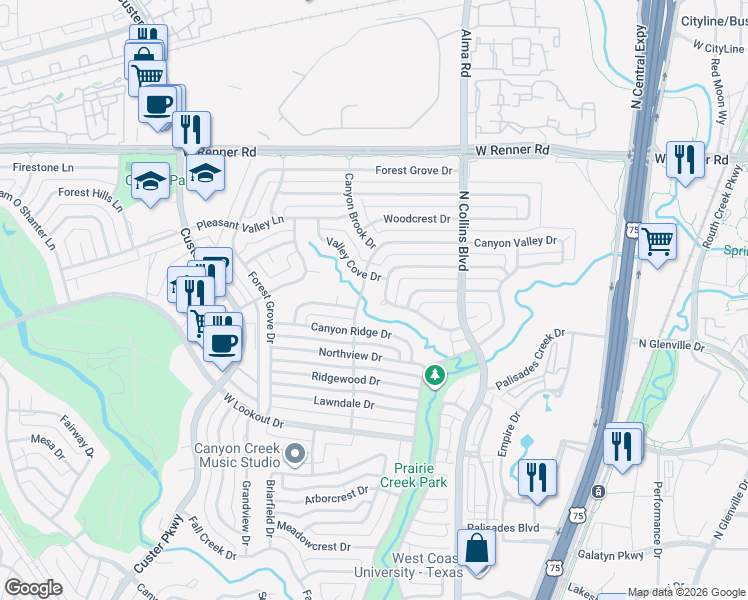 map of restaurants, bars, coffee shops, grocery stores, and more near 328 Ridgebriar Drive in Richardson
