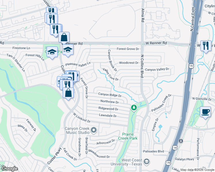 map of restaurants, bars, coffee shops, grocery stores, and more near 404 Brook Glen Place in Richardson