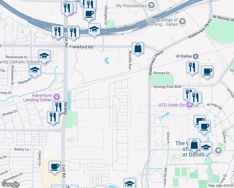 map of restaurants, bars, coffee shops, grocery stores, and more near 8238 Primrose Way in Dallas