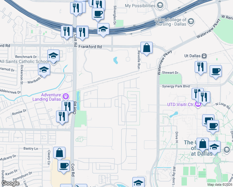 map of restaurants, bars, coffee shops, grocery stores, and more near 17735 Sage Lane in Dallas