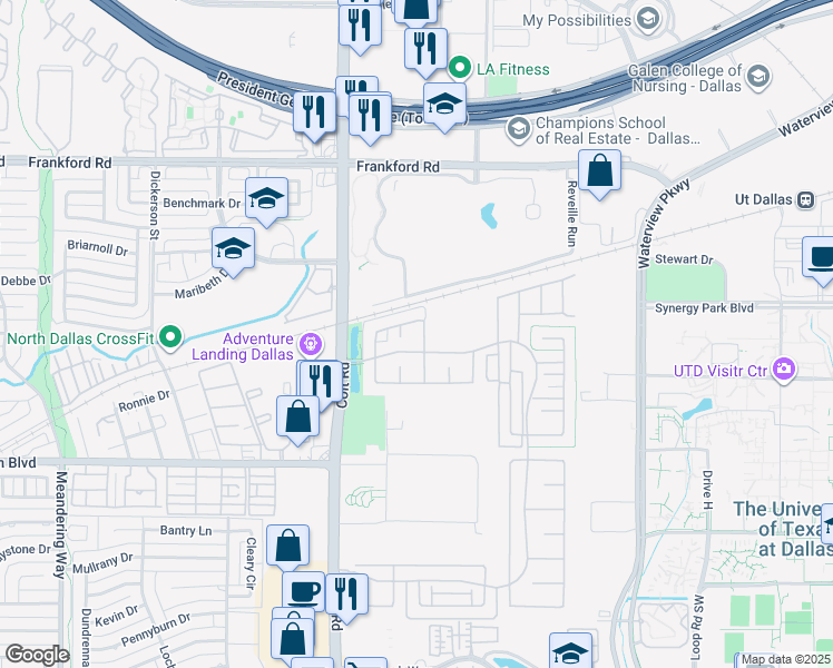 map of restaurants, bars, coffee shops, grocery stores, and more near 17745 Pinyon Lane in Dallas