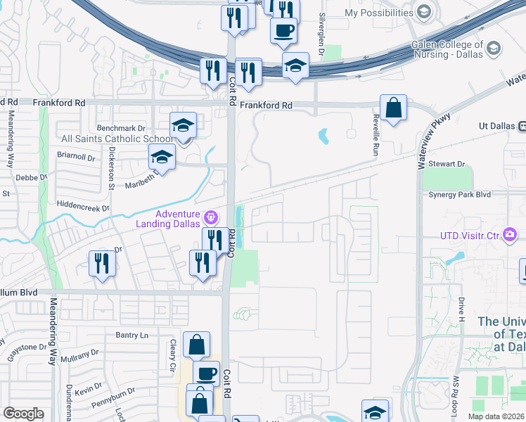 map of restaurants, bars, coffee shops, grocery stores, and more near 8043 Sunflower Lane in Dallas