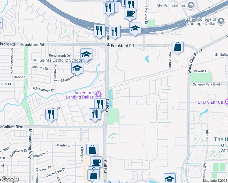 map of restaurants, bars, coffee shops, grocery stores, and more near 8043 Sunflower Lane in Dallas