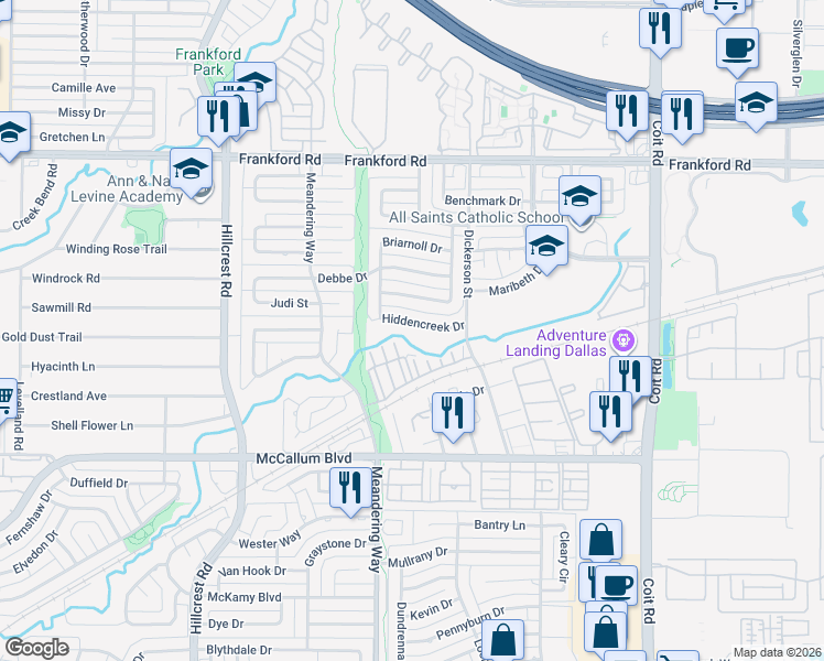 map of restaurants, bars, coffee shops, grocery stores, and more near 7401 Hiddencreek Drive in Dallas