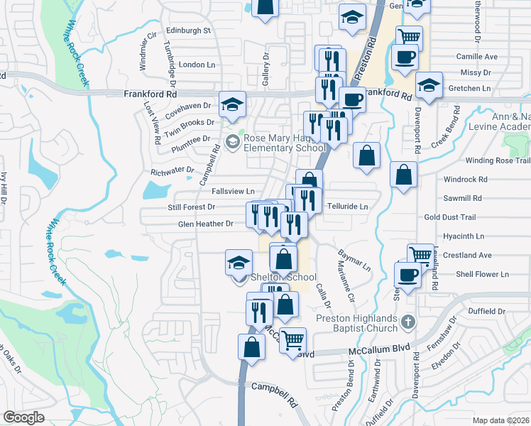 map of restaurants, bars, coffee shops, grocery stores, and more near 17627 Sunmeadow Drive in Dallas