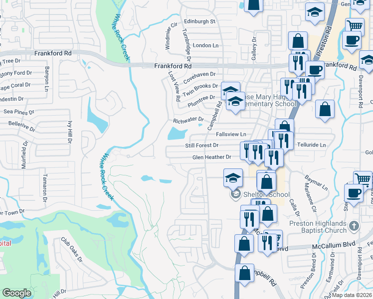map of restaurants, bars, coffee shops, grocery stores, and more near 5735 Fallsview Lane in Dallas