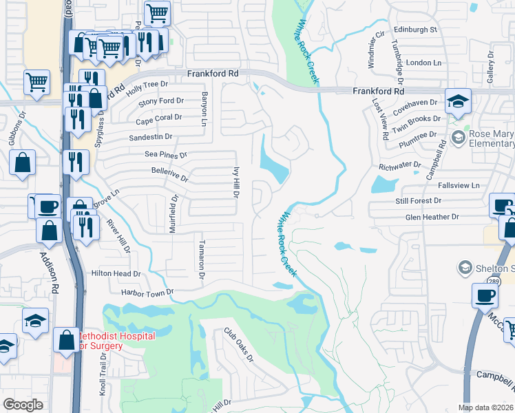 map of restaurants, bars, coffee shops, grocery stores, and more near 17520 Oak Mount Place in Dallas