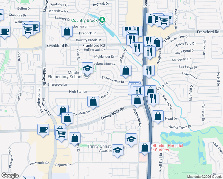 map of restaurants, bars, coffee shops, grocery stores, and more near 4401 Briargrove Lane in Dallas