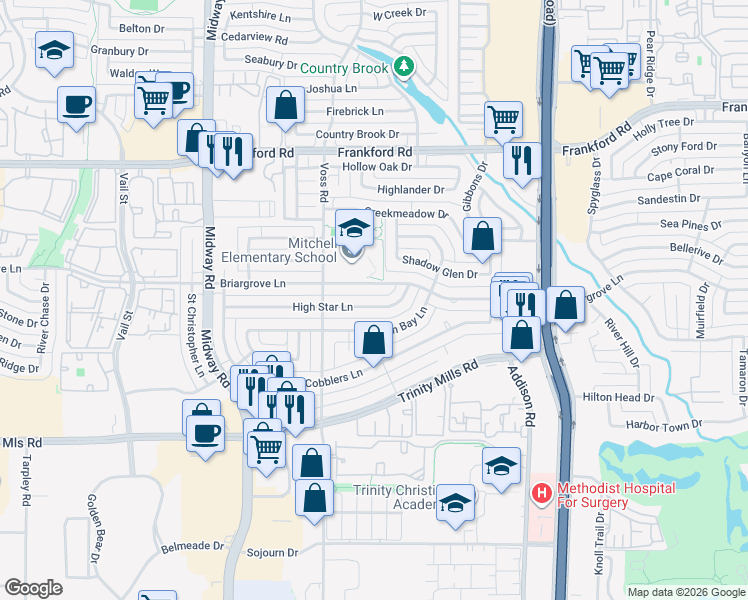 map of restaurants, bars, coffee shops, grocery stores, and more near 4214 Briargrove Lane in Dallas