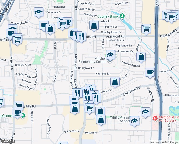 map of restaurants, bars, coffee shops, grocery stores, and more near 4122 Briargrove Lane in Dallas
