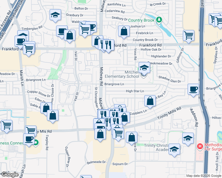 map of restaurants, bars, coffee shops, grocery stores, and more near 4102 Briargrove Lane in Dallas