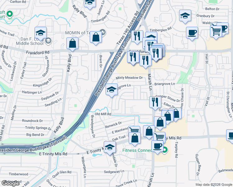 map of restaurants, bars, coffee shops, grocery stores, and more near 3488 Briargrove Lane in Dallas