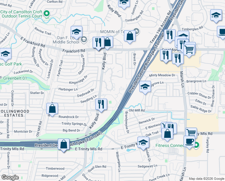 map of restaurants, bars, coffee shops, grocery stores, and more near 2873 Harbinger Lane in Dallas