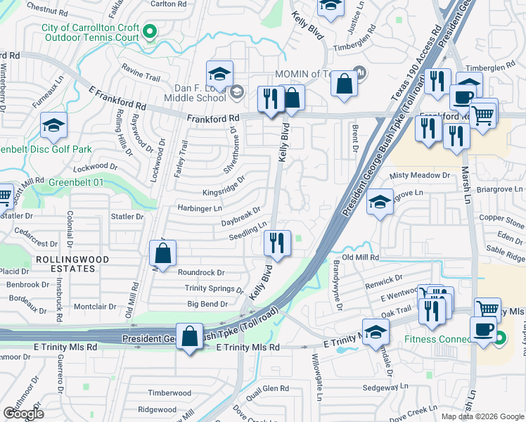 map of restaurants, bars, coffee shops, grocery stores, and more near 2704 Daybreak Drive in Dallas