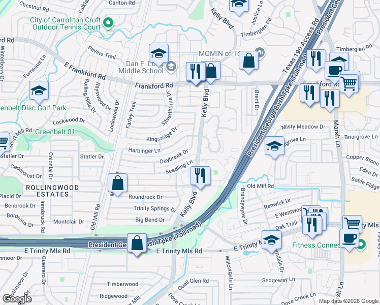 map of restaurants, bars, coffee shops, grocery stores, and more near 2704 Daybreak Drive in Dallas