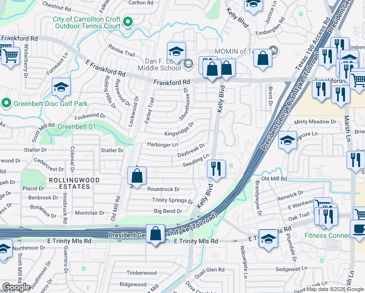 map of restaurants, bars, coffee shops, grocery stores, and more near 2503 Harbinger Lane in Dallas