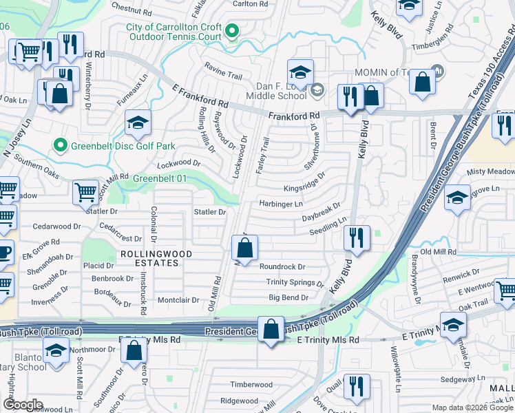 map of restaurants, bars, coffee shops, grocery stores, and more near 2307 Harbinger Lane in Dallas