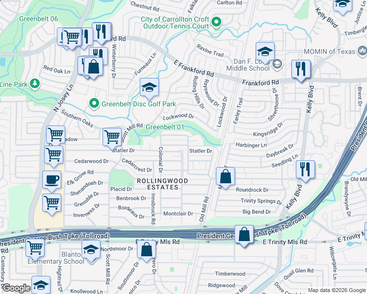 map of restaurants, bars, coffee shops, grocery stores, and more near 2219 Stonebrook Drive in Carrollton