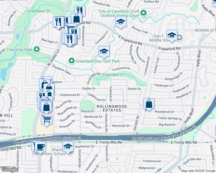 map of restaurants, bars, coffee shops, grocery stores, and more near 2125 Statler Place in Carrollton