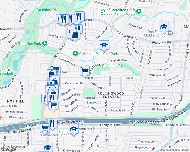 map of restaurants, bars, coffee shops, grocery stores, and more near 2107 Statler Drive in Carrollton