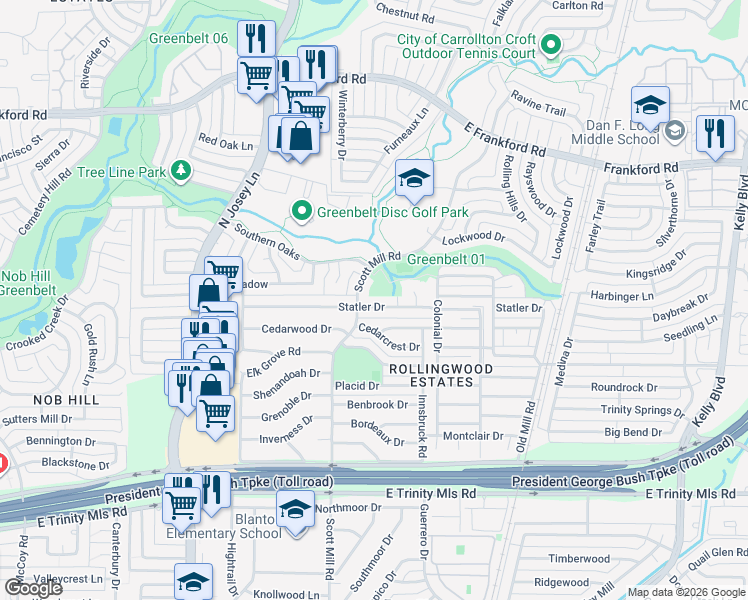 map of restaurants, bars, coffee shops, grocery stores, and more near 2107 Statler Drive in Carrollton