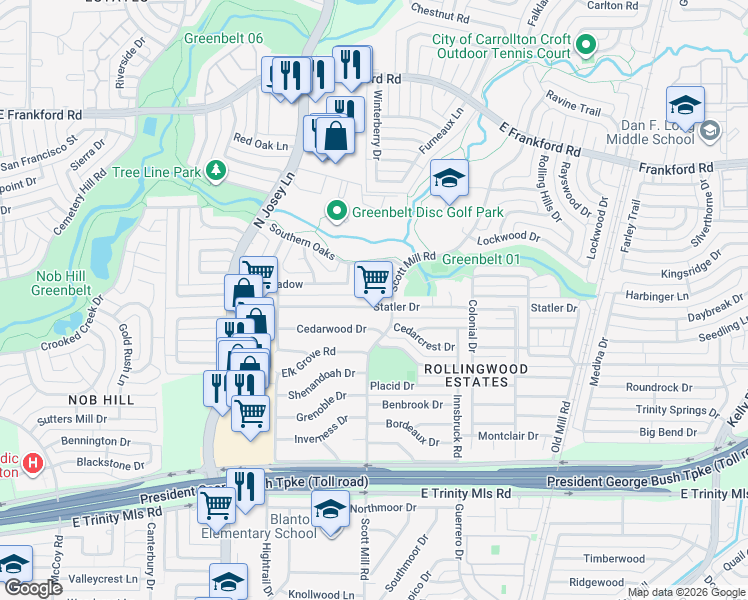 map of restaurants, bars, coffee shops, grocery stores, and more near 2038 Wildrose in Carrollton