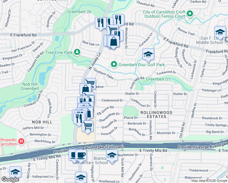 map of restaurants, bars, coffee shops, grocery stores, and more near 2024 Haymeadow in Carrollton