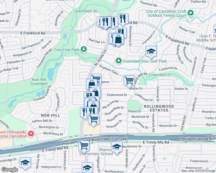 map of restaurants, bars, coffee shops, grocery stores, and more near 2010 Haymeadow in Carrollton