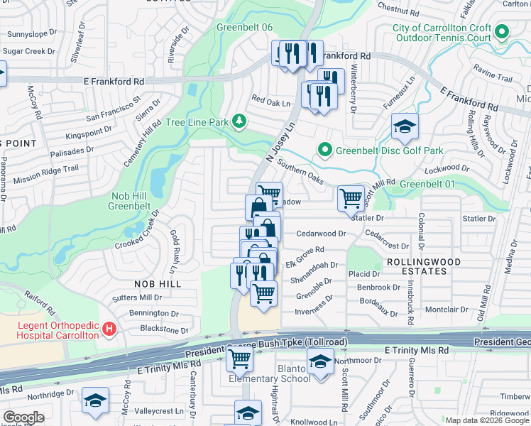 map of restaurants, bars, coffee shops, grocery stores, and more near 1901 Haymeadow in Carrollton