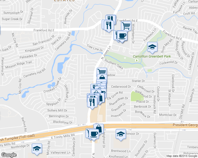 map of restaurants, bars, coffee shops, grocery stores, and more near 1901 Haymeadow in Carrollton